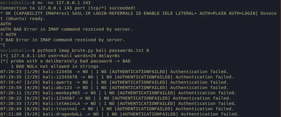 Password list run against the Dovecot service for the kali account