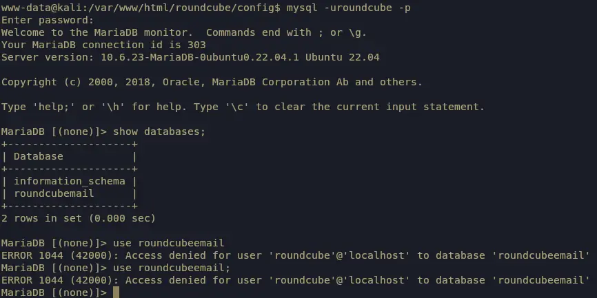 MySQL session after correcting the database name