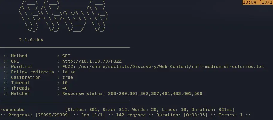 Directory scan turning up the Roundcube webmail install at /roundcube